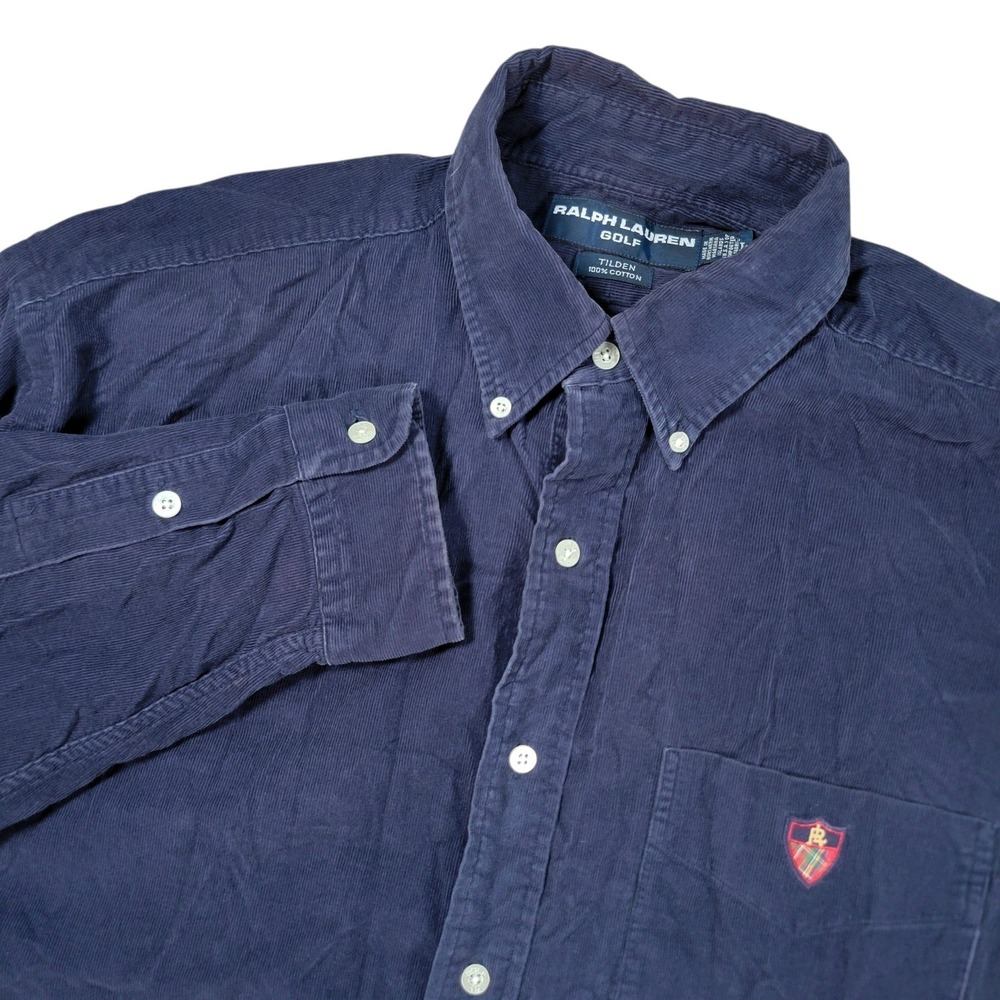 Ralph Lauren Golf Shirt Men L Navy Blue Corduroy Tilden Button Down Crest Pocket